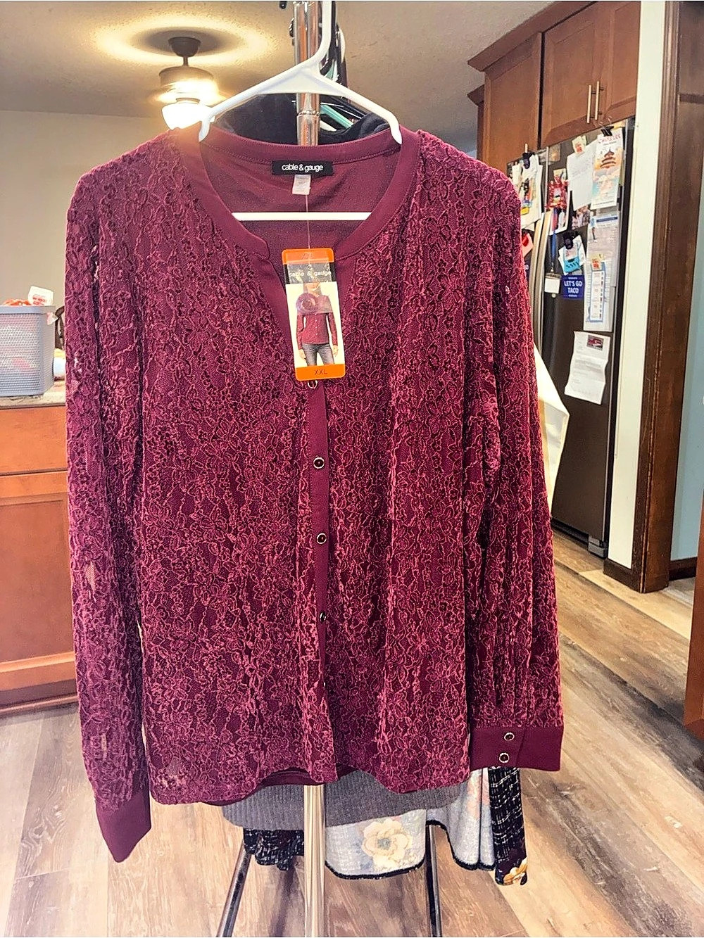 Cable & Gauge Lace Knit Button-Front Top Purple XXL